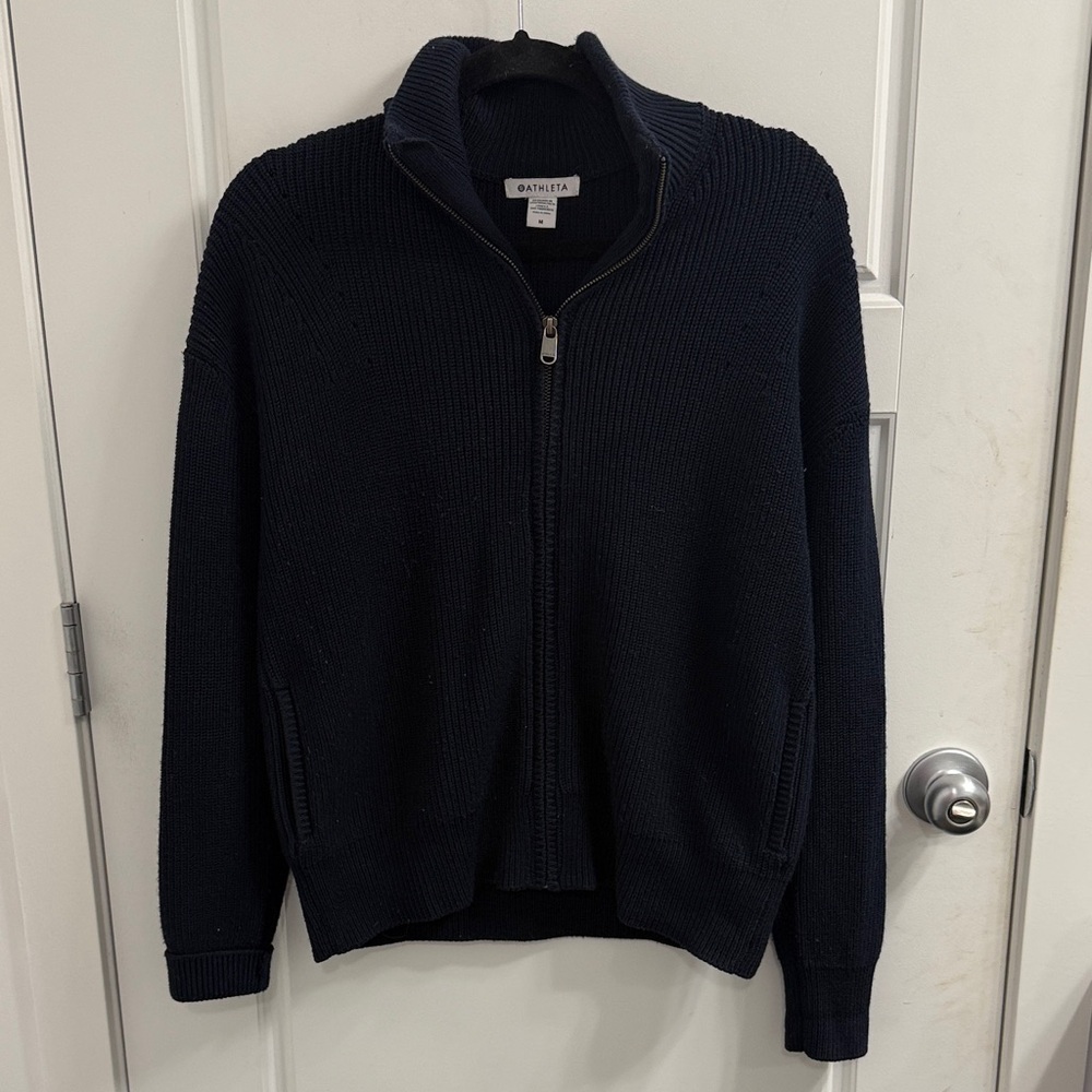 Athleta Escapade Mock Neck‎ Bomber Ribbed Quarter Zip Size Medium Navy